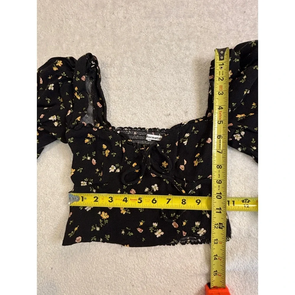 Reformation Floral Crop Top Black Puff Sleeve Smocked Back Square Neck‎ Size 4